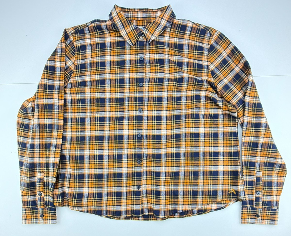 Orvis Women's XL Long Sleeve Plaid Flannel Shirt Mustard Yellow Navy Blue Cotton